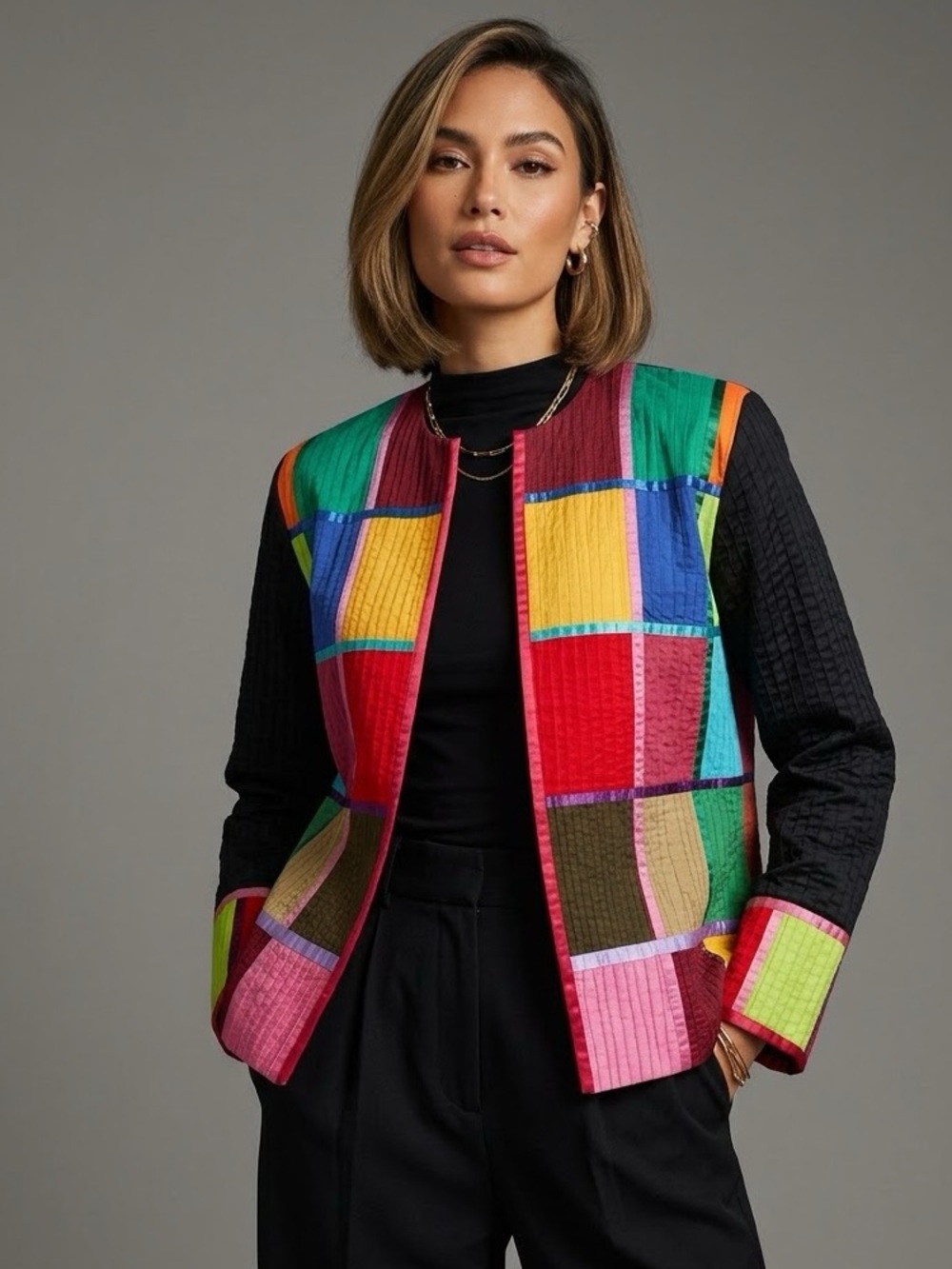 Vintage Tachi Castillo Rainbow Ribbon Patchwork Art to Wear Jacket Sz S/M
